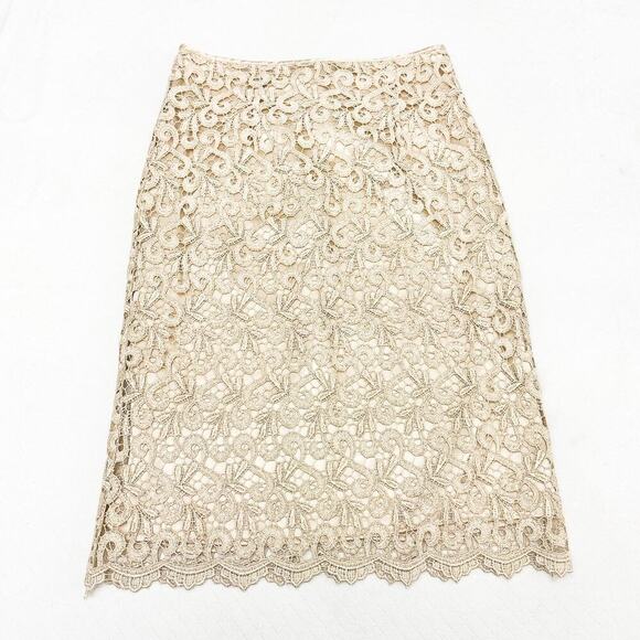 Marina Lace Scalloped Hem Skirt Cream Gold Back Slit Size M - Picture 1 of 6
